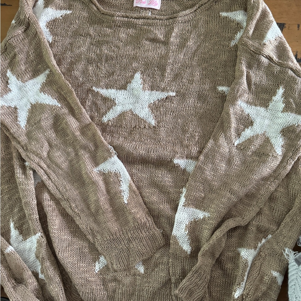 Knit sweater Pink Lily tan/white S new without tags